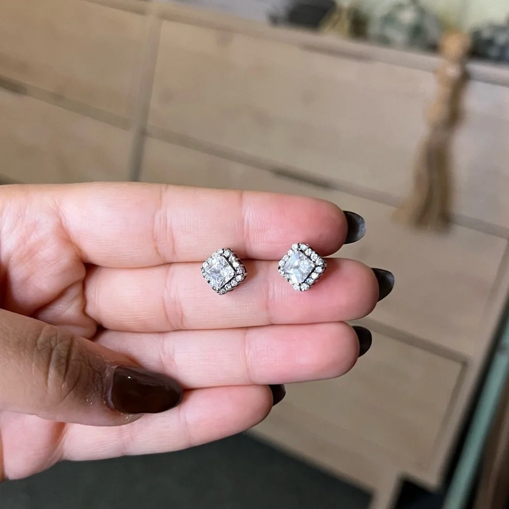 Princess Cut CZ Diamond Square Halo Studs Dainty Small Earrings Jewelry Accessor - Picture 9 of 16